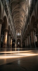Obraz premium Sunlight streams through the arched windows of a grand cathedral illuminating the stone floor and majestic columns creating a sacred atmosphere.