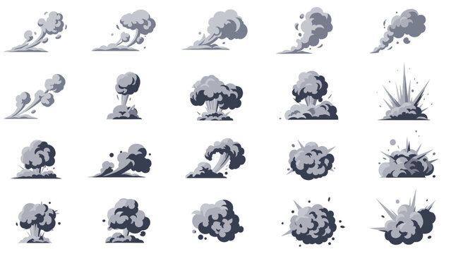 Extensive collection of grey smoke clouds and dust explosion effects for video game or animation sprite sheets displayed in a grid on white.