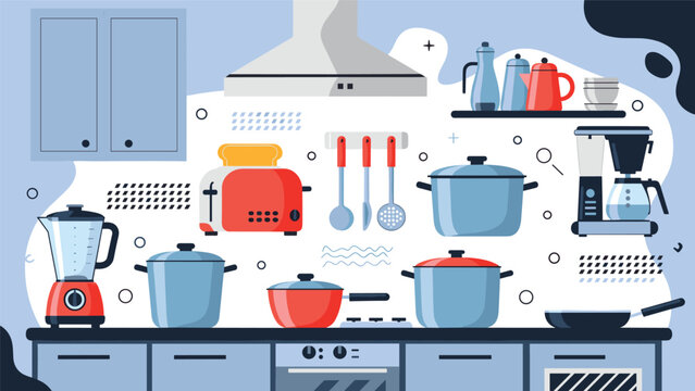 Modern kitchen workspace featuring various blue and red appliances like a toaster, blender, and coffee maker arranged neatly on a grey countertop.