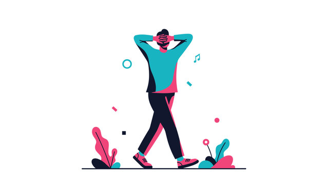 Stylized man walking with hands on head amidst floating musical notes and abstract geometric shapes in a modern colorful flat vector illustration.