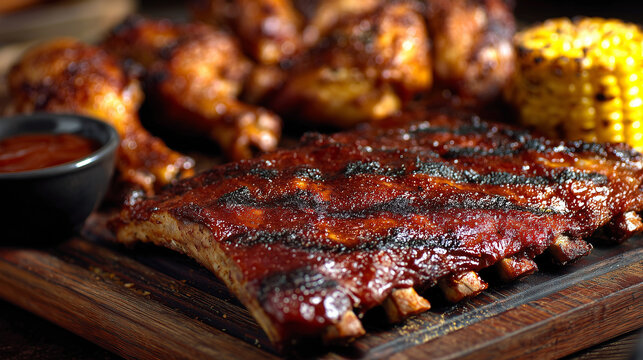 Juicy BBQ Ribs with Corn and Dipping Sauce on Dark Table