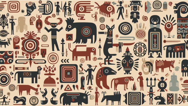 Detailed pattern of ethnic tribal symbols featuring various stylized animals and human figures in a traditional ochre and dark brown color palette.