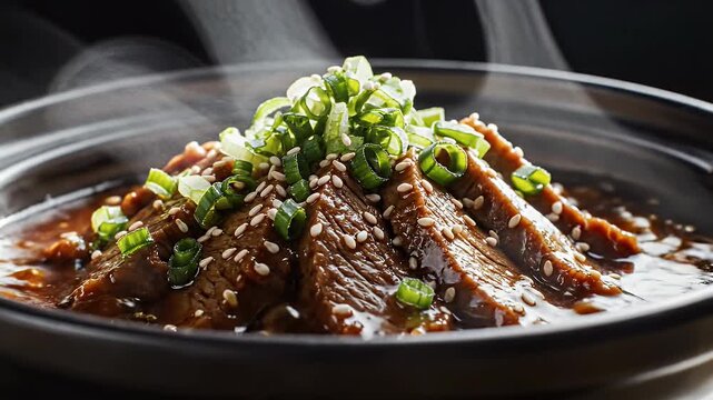Steaming Hot Braised Beef Slices with Green Onion and Sesame
