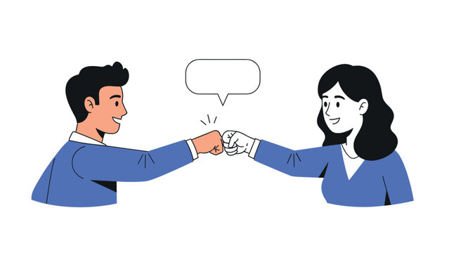 Business man and woman in professional attire give each other a friendly fist bump with an empty speech bubble for customized text.
