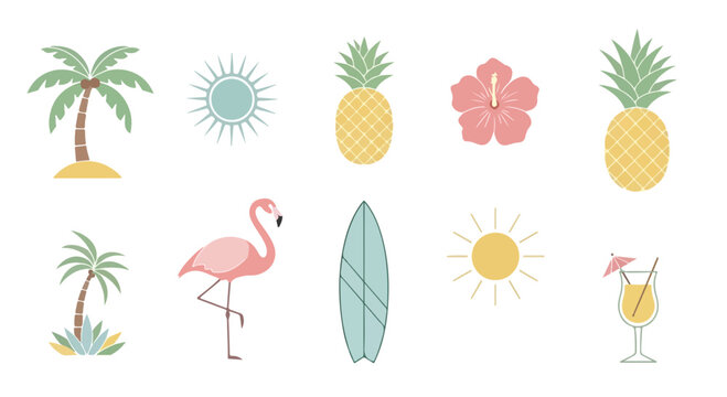 Summer icons, tropical symbols, palm trees, flamingo, surfboard, colorful illustrations, 8 vector graphics