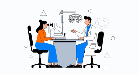 Fototapeta premium Eye exam, optometrist consultation, ophthalmology vector, medical illustration, doctor patient, eye care