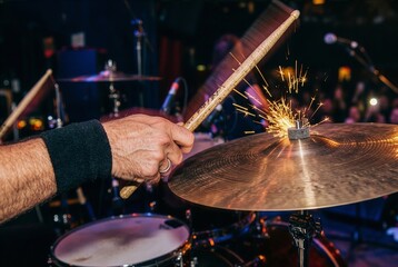 Naklejka premium a drummer's hand holding a wooden drumstick striking a cymbal