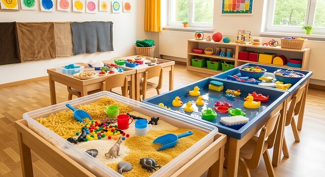 Preschool classroom with sensory tables filled with toys, crafts, and educational materials for children's development.