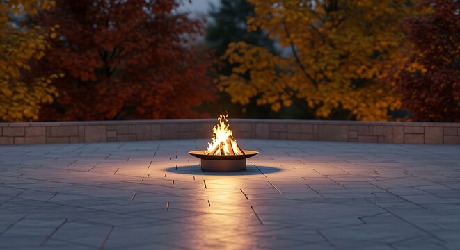Cozy backyard patio fire pit with warm glowing flames on a cool autumn evening surrounded by colorful fall foliage and stone wall
