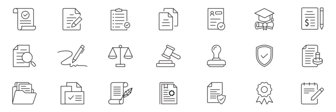 Legal Document icon set. Editable Stroke Icon Collection. Legal Icons Set. Outline icon set of legal documentation and ethics: contract icon, signature pen, affidavit, certificate and More.