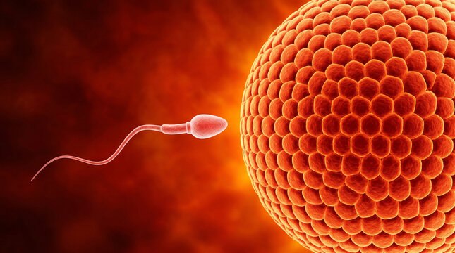 Ilustraci&oacute;n Microsc&oacute;pica 3D de Espermatozoide Acerc&aacute;ndose al &Oacute;vulo en Proceso de Fertilizaci&oacute;n