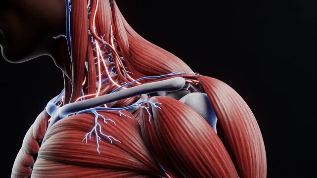 oblique overhead view of human torso showing muscles, vessels and nerves coordinating in subtle motion, visualizing system integration, biomechanical harmony and advanced medical