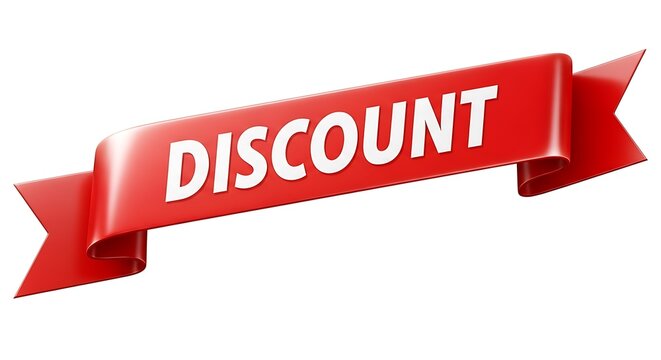 Red Ribbon Banner with the word DISCOUNT in white, isolated on white background