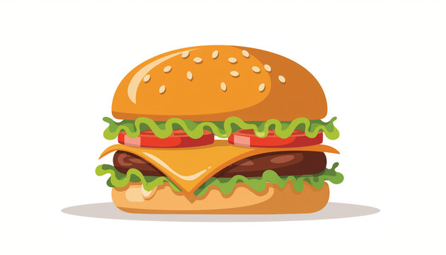 Delicious cartoon hamburger with sesame bun, cheese, lettuce, and tomato slices on a white background, perfect for fast food menus or culinary designs.