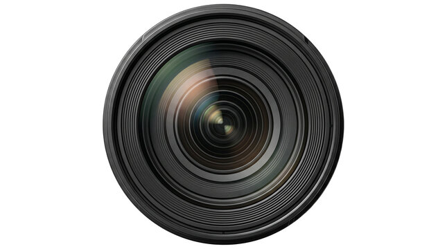 Camera lens front view with colorful glass reflections