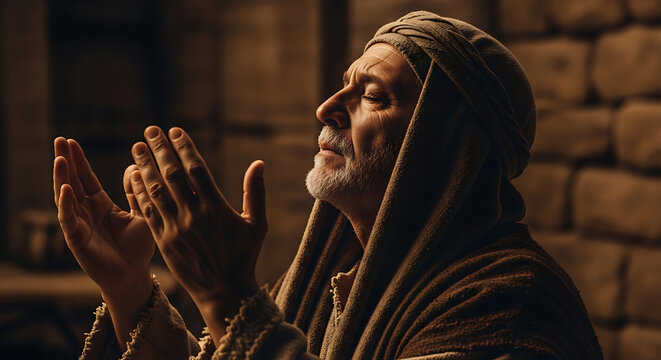Devout Jewish man wearing traditional prayer shawl in deep devotion