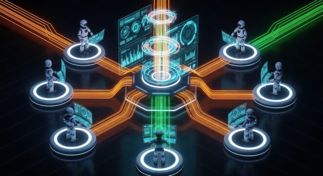 Multiple humanoid robots work together on a centralized data processing platform within a digital hub.