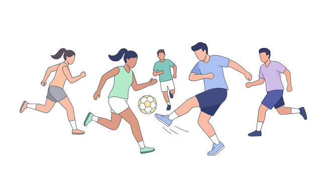 Group of diverse people running together in modern athletic wear, performing fitness exercise outdoors in a lively, dynamic motion, captured in a colorful contemporary flat illustration styl
