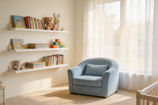 Soft light bathes a calm nursery. White shelves hold toys and books neatly.