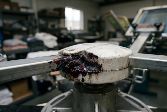 Macro close-up of a screen printing press base with plastisol ink and compacted shirt lint