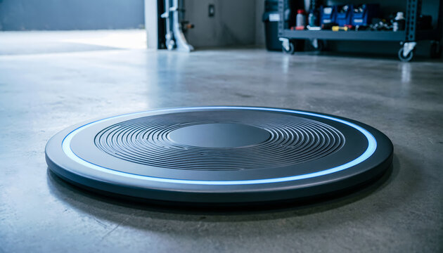 Close-up of a futuristic wireless charging pad for electric vehicles installed on a concrete garage floor.