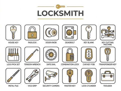 Professional locksmith and security icon set featuring door hardware, key cutting tools, and modern access control systems for residential and commercial safety