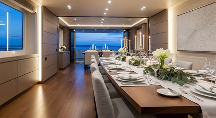 Fototapeta premium Elegant yacht dining room set for a formal meal with ocean view at twilight