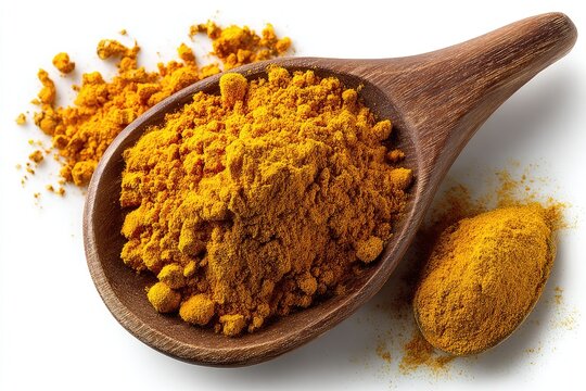 Turmeric spice powder in wooden spoon