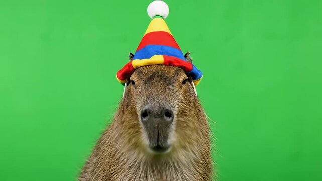 A cute capybara wearing a colorful party hat with a white pom-pom, looking directly at the camera against a vibrant green background.