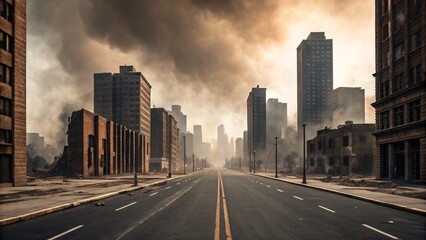 Fototapeta premium Desolate city street with smoke filled sky and abandoned buildings