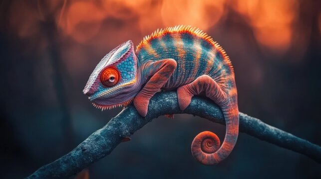 Vibrant Chameleon Perched on Branch With Colorful Background