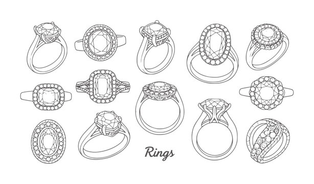 Collection of hand drawn diamond engagement rings with various gemstone cuts jewelry