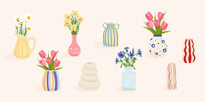 Set of colorful vases with spring flowers. A collection of decorative pots with tulips, daffodils, daisies, and cornflowers. Flat vector illustration for home decor and interior design.