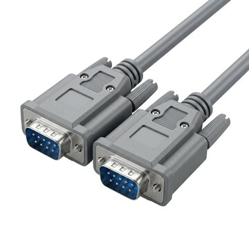 Close-up of two gray serial port cables with blue connectors on a white background