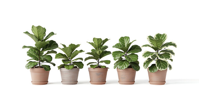 Row of Potted Fiddle Leaf Fig Plants and Variegated Ficus Lyrata on White Background