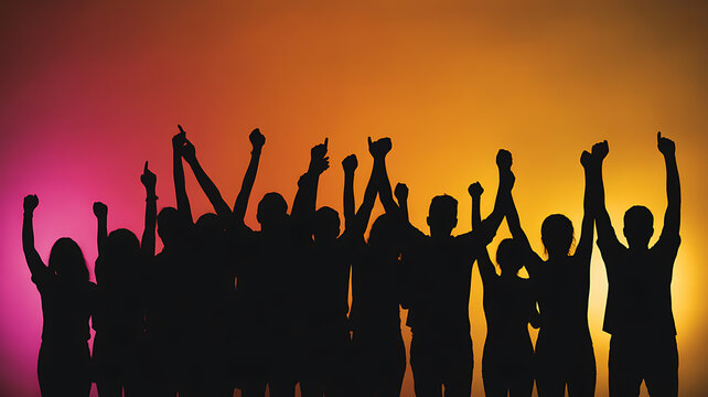 Silhouettes of people raising hands emphasizing clean environment and eco-friendly concepts