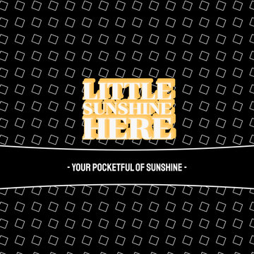 LITTLE SUNSHINE HERE wedding midnight sunset typography clean background, halo arc, multi stroke lettering, solid slogan band, cross grid edge accents with jet black, copper earth, sunflower, pure whi