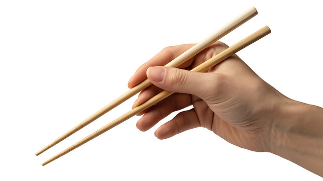 Close up of hand holding wooden chopsticks isolated on white background