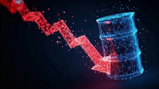 Oil barrel symbolizes a significant decline with an illuminated arrow, creating a dramatic visual metaphor for an economic downturn. ..Created with Generative AI, not depicting real subjects.