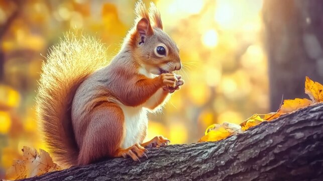 Cute squirrel sitting on tree branch in golden autumn forest light