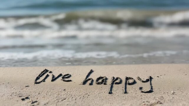 Live happy message written on sandy beach next to ocean waves