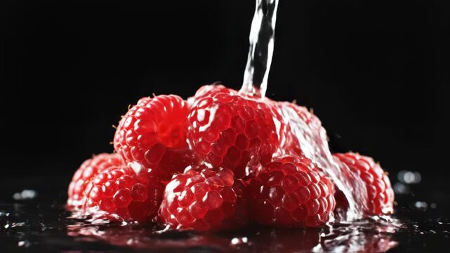 Fresh red raspberries in a small pile being washed under a steady stream of clear water, causing splashes and droplets against a solid black background in close up macro view.