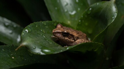 Obraz premium Small brown frog resting on a large green leaf with water droplets.