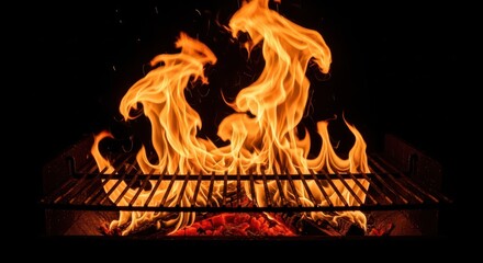 Fototapeta premium Bright orange flames rise from a charcoal grill set against a dark background.