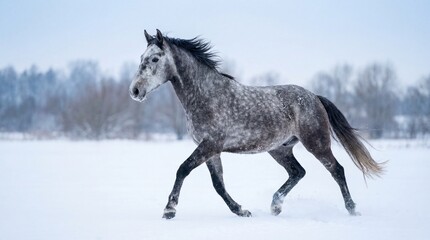 Fototapeta premium Majestic Dapple Grey Horse Trotting Gracefully Through a Serene Winter Wonderland Landscape.