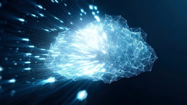 A digital representation of a cloud, symbolizing data storage and cloud computing, radiates with interconnected lines and points. ..Created with Generative AI, not depicting real subjects.