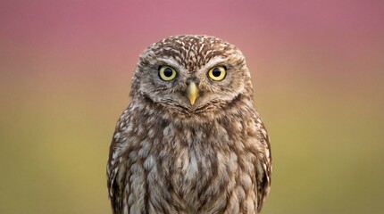 Obraz premium Close-up Portrait of a Little Owl with Bright Yellow Eyes and Soft Background.