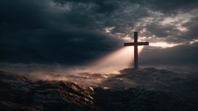 A dramatic depiction of faith and hope, a solitary cross stands defiantly against a stormy sky, illuminated by a beam of ethereal light. ..Created with Generative AI, not depicting real subjects.