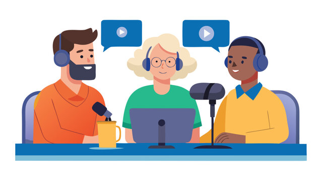 Multigenerational podcast recording session featuring three diverse individuals wearing headphones, seated at a table with microphones and a laptop, speech bubbles visible