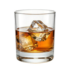 Whiskey glass with ice cubes, isolated on white background, refreshing alcoholic drink